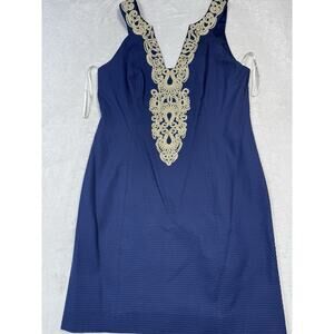 Lilly Pulitzer Valli Shift Dress Ink Blue Gold Embroidery Cotton SZ 12 Preppy